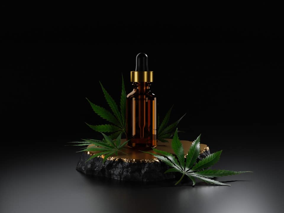 cbd oil in a rock podium with a black gradient background