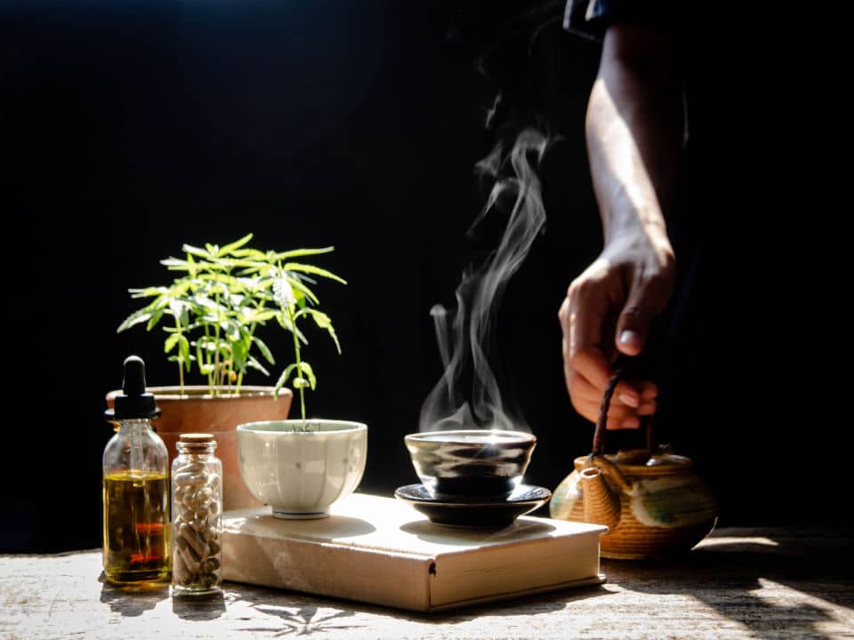 cbd capsules oil seed extract along with hot hemp tea for medical use